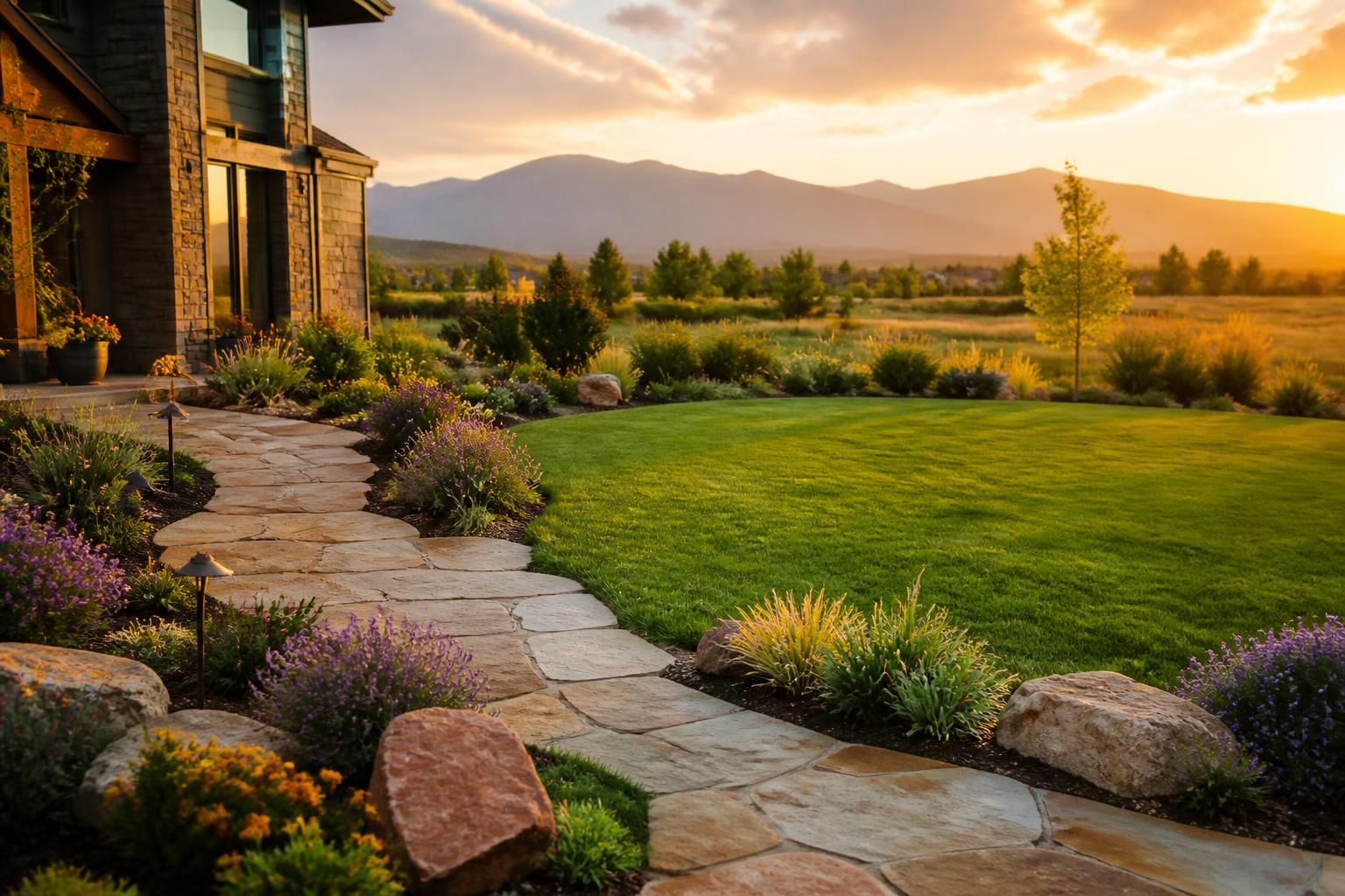 Front-yard transformation with flagstone path and flower beds in Denver
