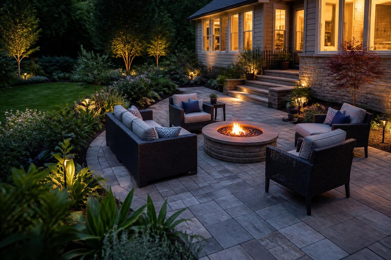 Paver patio with fire pit and seating in a Denver backyard